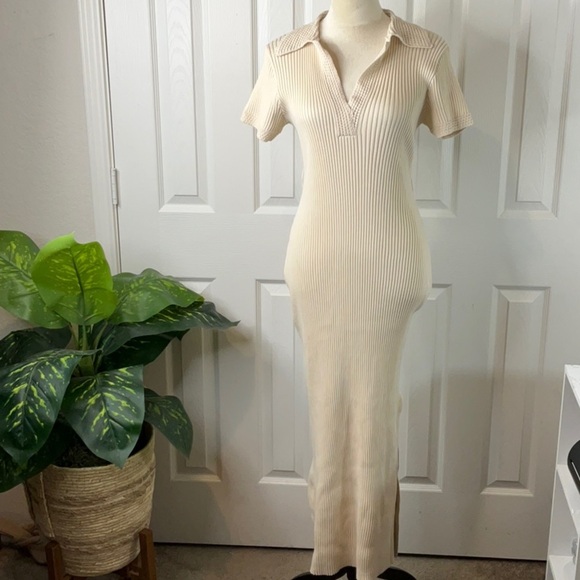 Joie Dress Women's Beige Knit Ribbed Collared Short Sleeve Maxi NWOT Size L - Picture 2 of 12